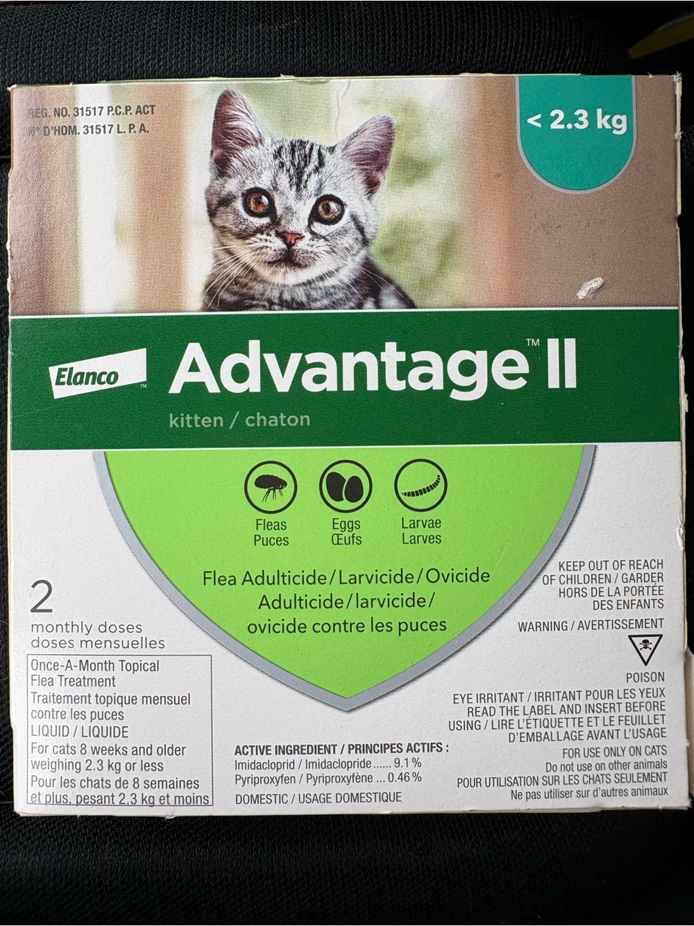 Advantage II Kitten (Less than 5lbs)-2 doses (Unopened box)